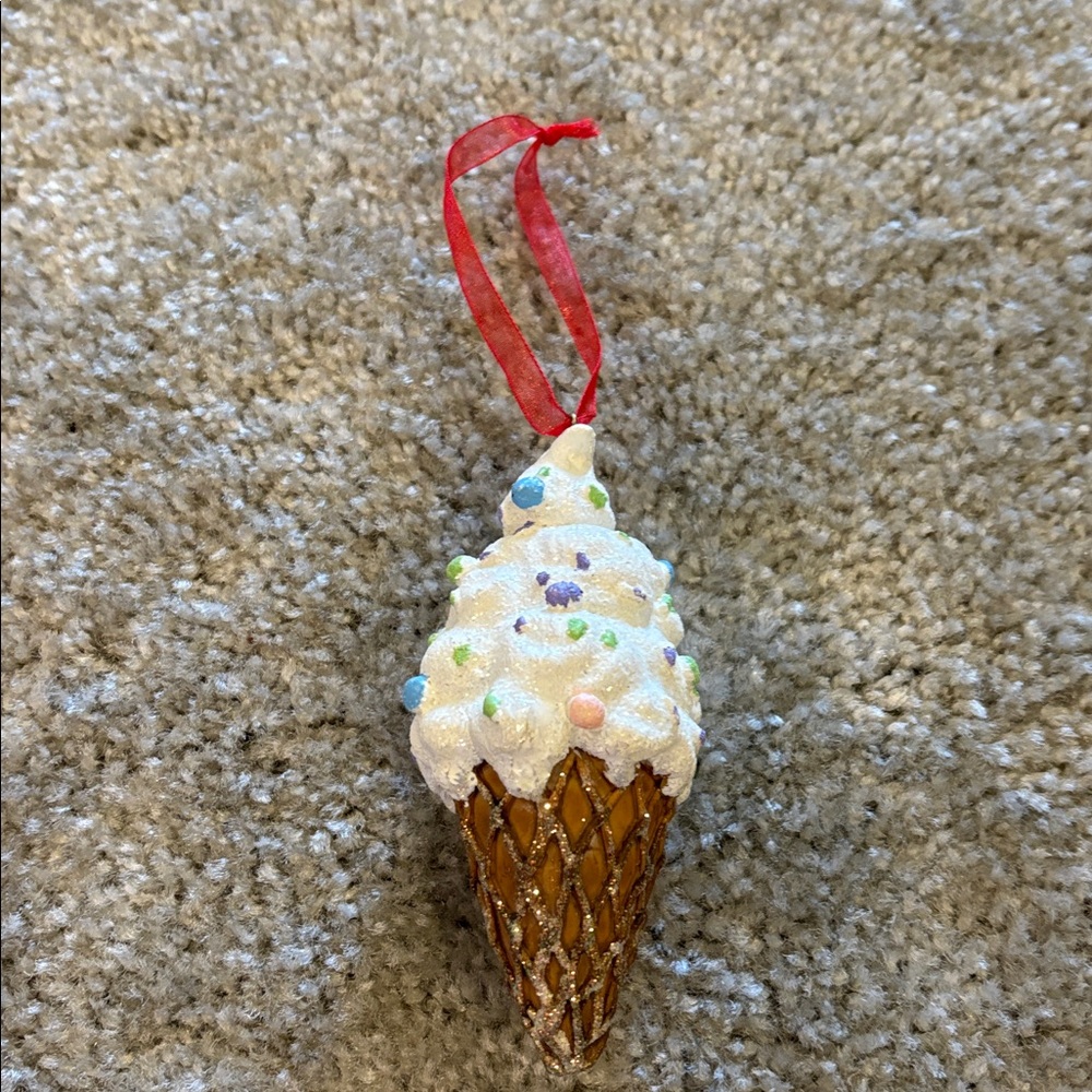 Ice Cream Cone Ornament with Red Ribbon